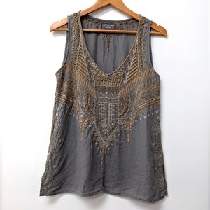 Johnny Was Workshop Intricate Embroidered Boho Pull Over V Neck Tunic Tank
